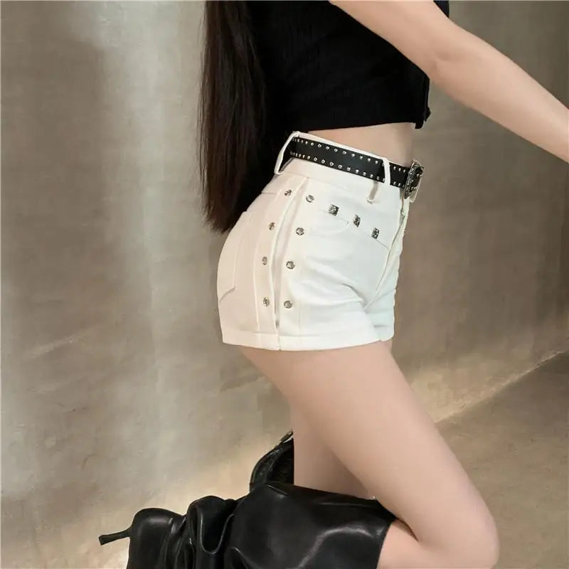 Sexy Black Studded Denim Shorts Women 2025 Y2K High Waist Hot Pants, Bad Girl Summer White Jean Shorts for Petite Girls S-2XL