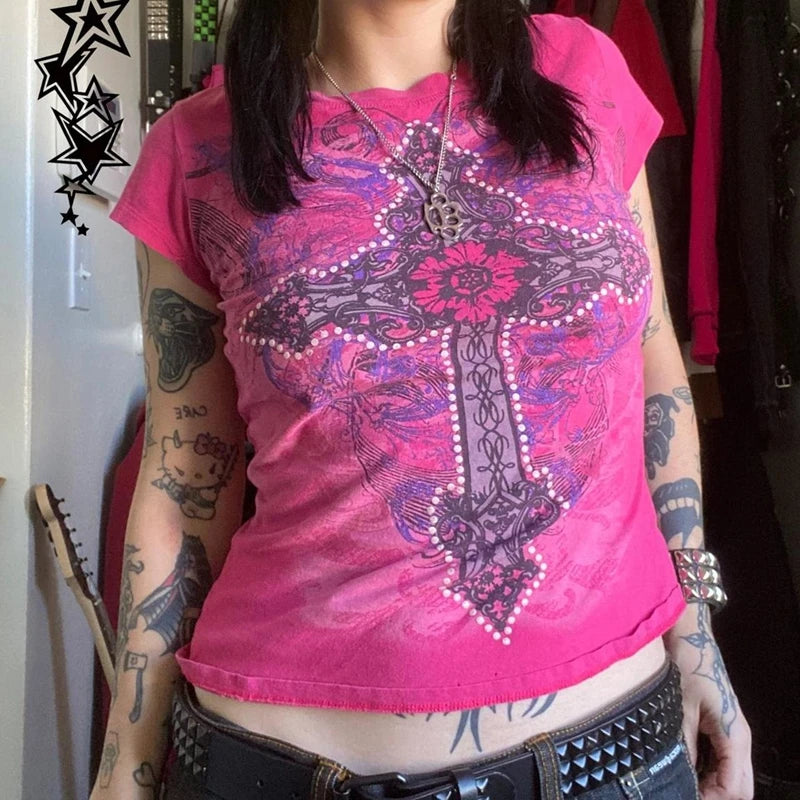 2000s Aesthetic Mall Goth E-girl Gothic T-shirt Retro Y2K Grunge Skull Wing Crop Tops Indie Graphic Print Short Sleeve Tee Women