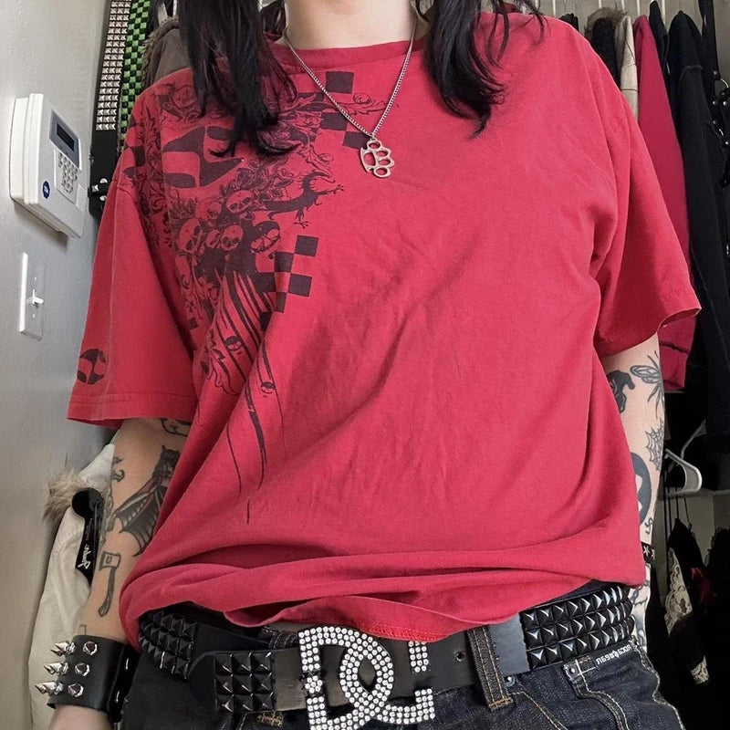 2000s Aesthetic Mall Goth E-girl Gothic T-shirt Retro Y2K Grunge Skull Wing Crop Tops Indie Graphic Print Short Sleeve Tee Women