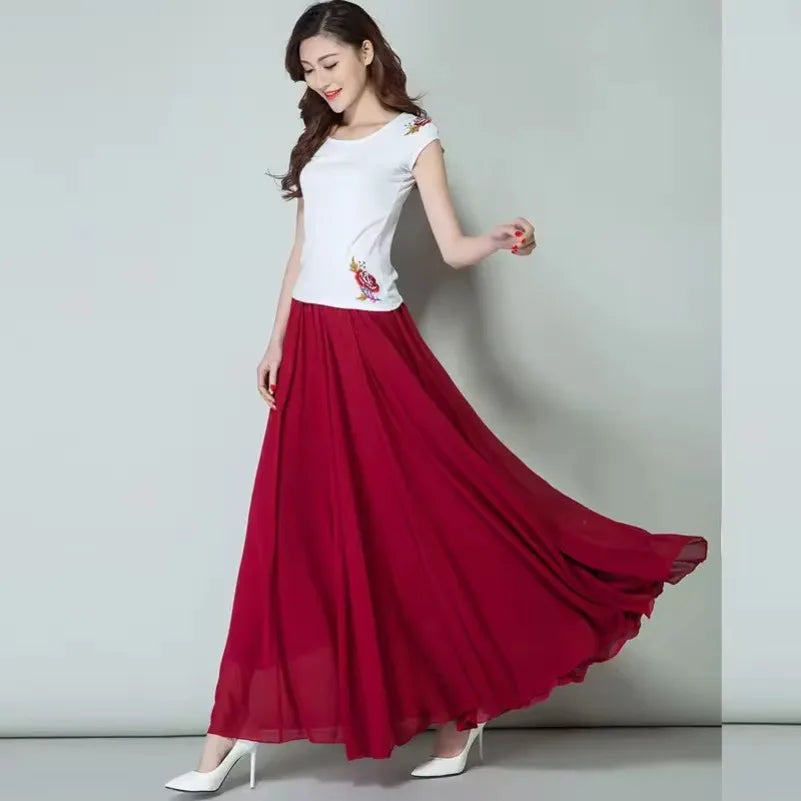Women Summer Chiffon Dance Skirts Plus Size Full-Length Skirt High Waist Elegant Pink Black Red Royal Blue White Long Skirts