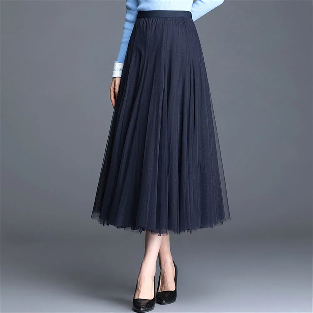 New Women Mesh Elastic Tutu Skirt Beach Spring Summer Korean High Waist Fashion Pleated Long Skirt Black White Tulle Skirts