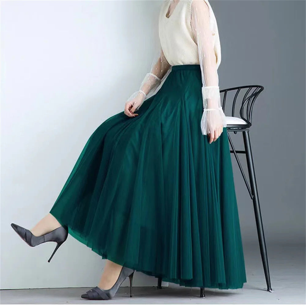 New Women Mesh Elastic Tutu Skirt Beach Spring Summer Korean High Waist Fashion Pleated Long Skirt Black White Tulle Skirts