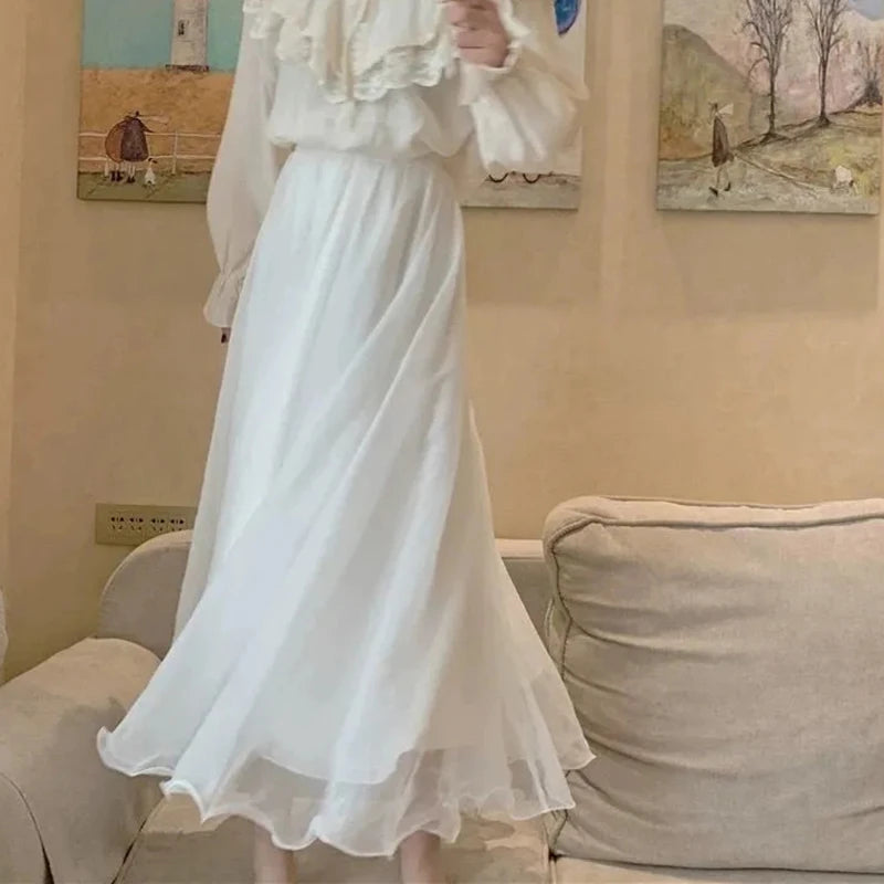 Chiffon Lightweight Long Skirt Women Beach Vacation Ruffles Elegant Party Skirt High Waist Loose Mesh Sweet Lady Ball Gown