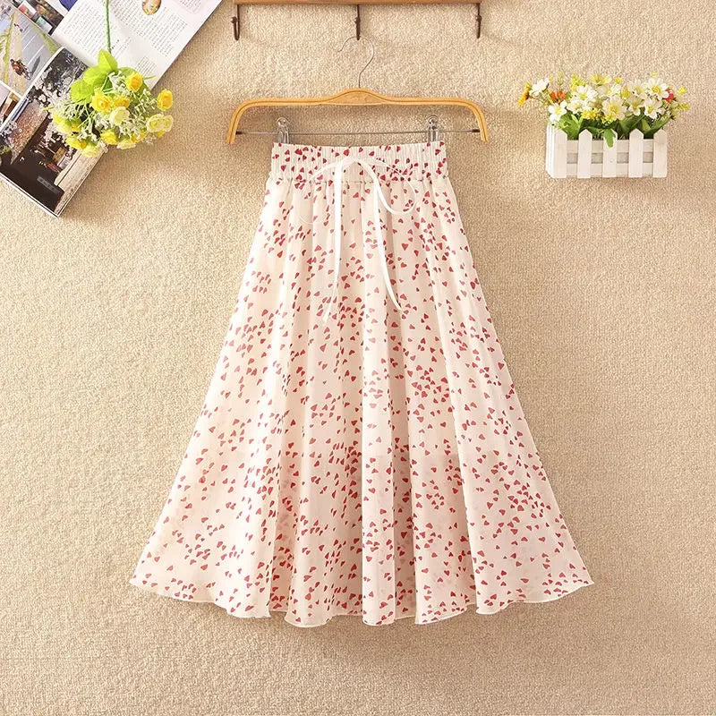 Women's Floral Skirt High Waist Long 2024 Printed Chiffon Skirt Summer Woman Skirts Mujer Faldas Saias Mulher