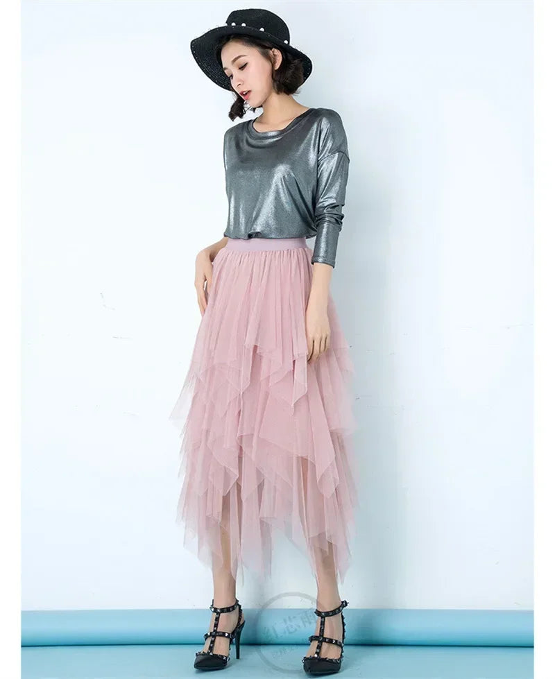 Summer Tutu Women Skirt Harajuku Casual Tulle Bottom Jupe Femme Faldas Fashion High Waist Midi Mesh Skirts Woman Clothing Saia