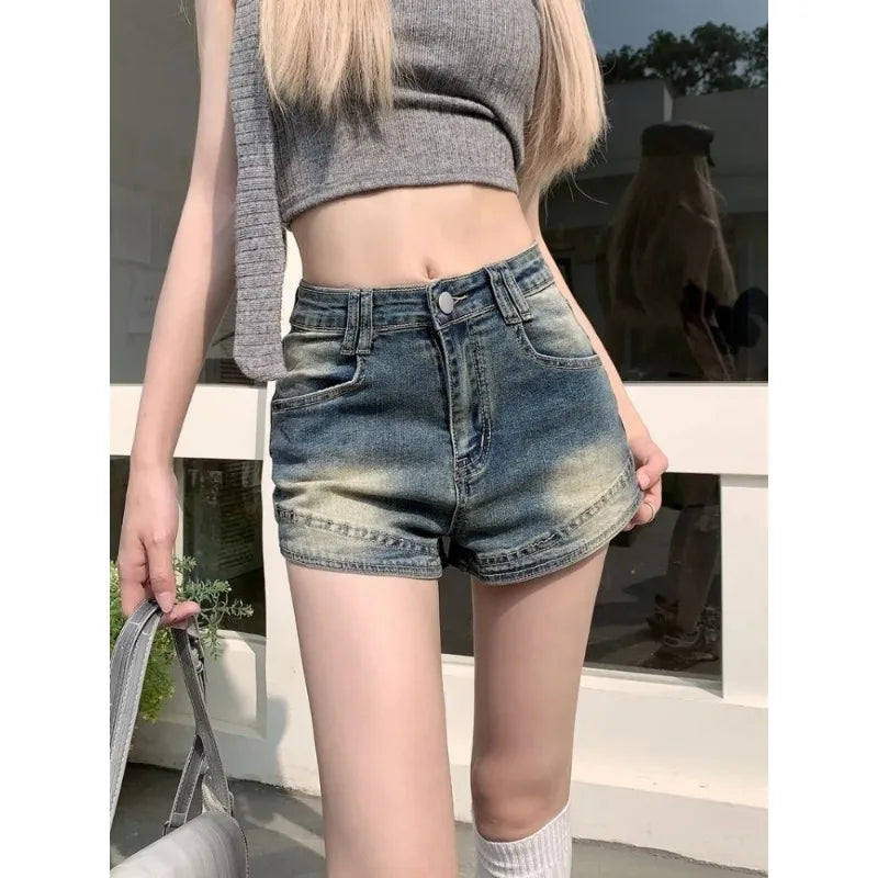 Retro Washed Denim Shorts for Women High Waist Slimming Hot Pants Mini Skirt Y2K Style Summer Fashion Small Stature Sexy Look
