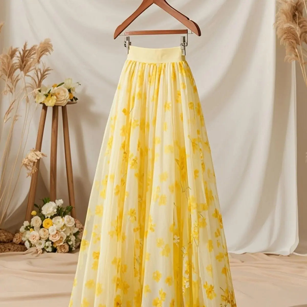 Spring Autumn New Yellow Chiffon Temperament Floral Long Dress Ladies High Waist Skirts Women Clothes All-match A-line Skirt