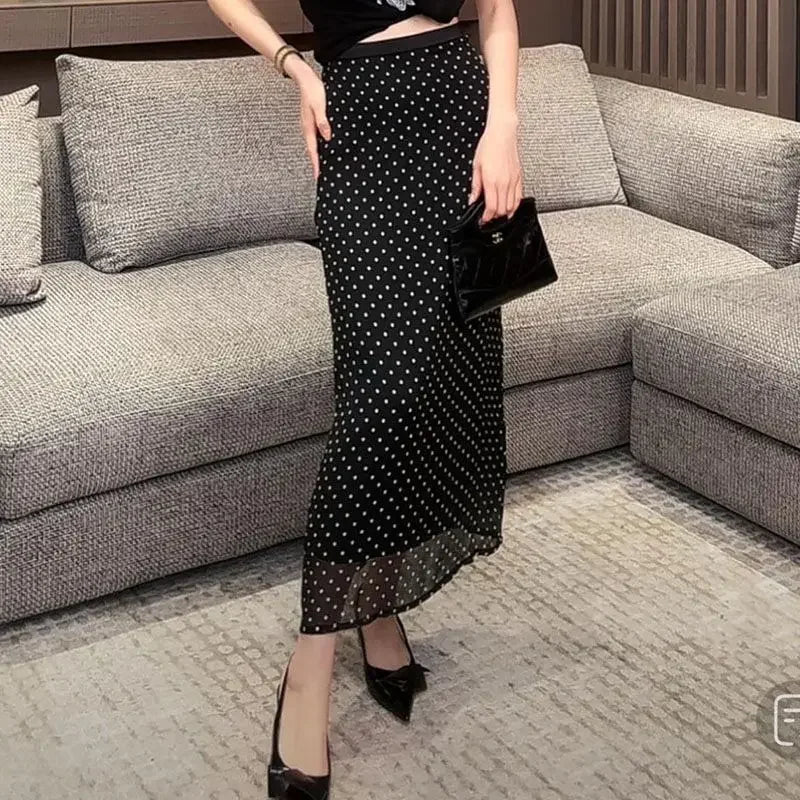 Women's Clothing 2025 Summer Fashion Polka Dot Print High Waist Long Skirts Office Lady Elegant Commuting Slim Party Maxi Skirt