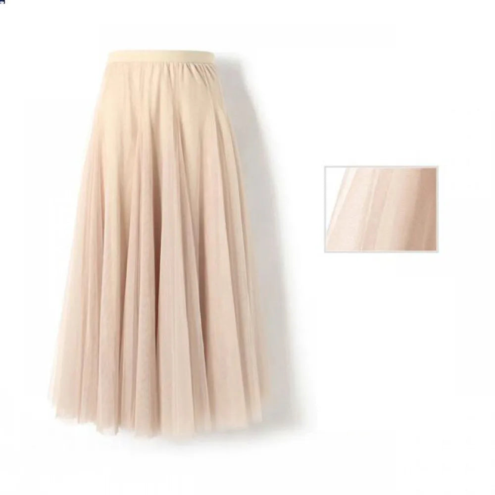 New Women Mesh Elastic Tutu Skirt Beach Spring Summer Korean High Waist Fashion Pleated Long Skirt Black White Tulle Skirts