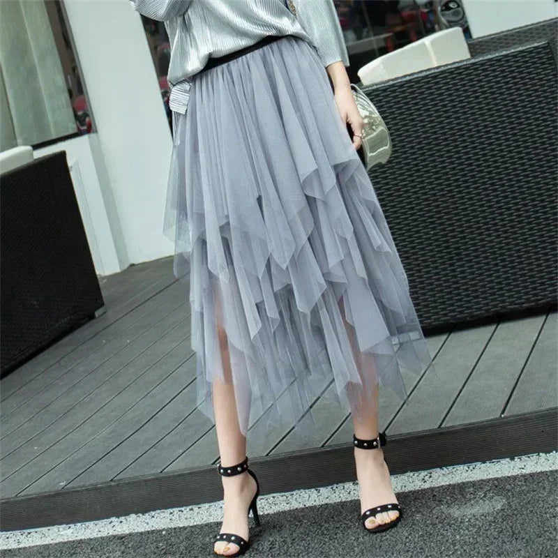 Summer Tutu Women Skirt Harajuku Casual Tulle Bottom Jupe Femme Faldas Fashion High Waist Midi Mesh Skirts Woman Clothing Saia