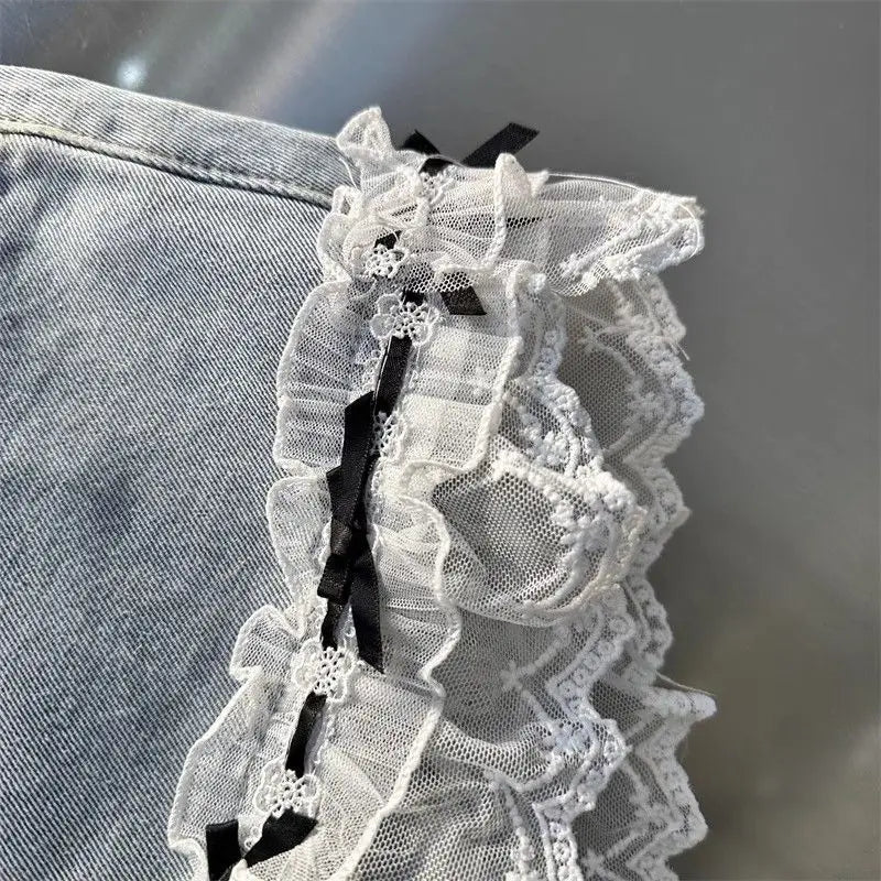 Summer Sweet Lace Denim Shorts for Women Bow Ruffles Patchwork A-line Short Jeans Korean Trend Fashion Female Wide Leg Shorts