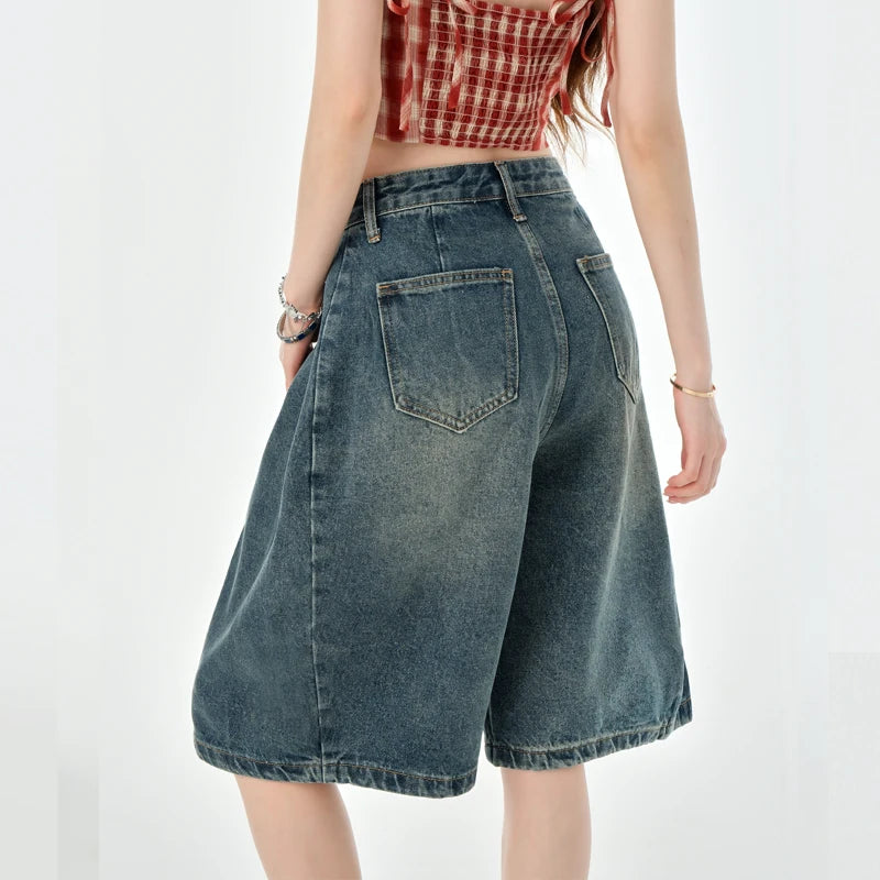 Loose Wide Leg Denim Knee Length Pants Women American Vintage Slimming Shorts