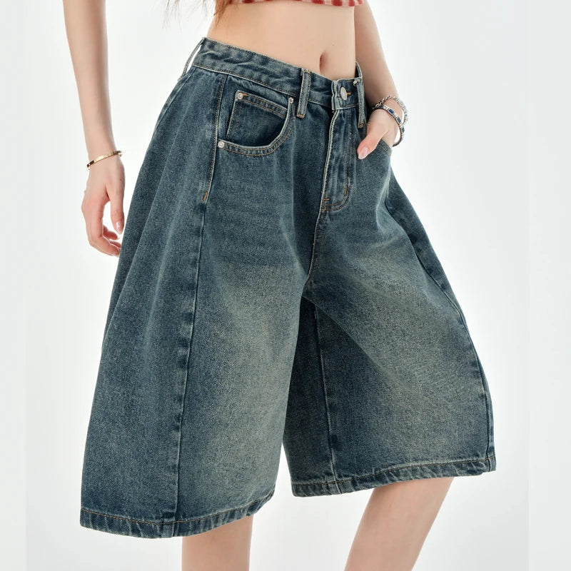Loose Wide Leg Denim Knee Length Pants Women American Vintage Slimming Shorts