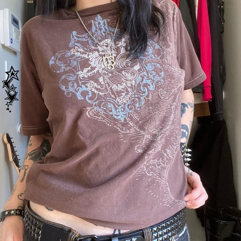 2000s Aesthetic Mall Goth E-girl Gothic T-shirt Retro Y2K Grunge Skull Wing Crop Tops Indie Graphic Print Short Sleeve Tee Women