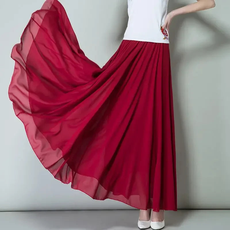 Women Summer Chiffon Dance Skirts Plus Size Full-Length Skirt High Waist Elegant Pink Black Red Royal Blue White Long Skirts