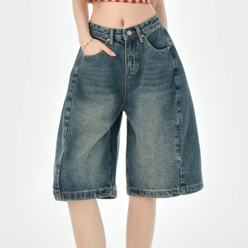 Loose Wide Leg Denim Knee Length Pants Women American Vintage Slimming Shorts