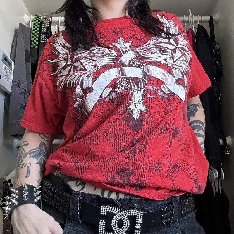 2000s Aesthetic Mall Goth E-girl Gothic T-shirt Retro Y2K Grunge Skull Wing Crop Tops Indie Graphic Print Short Sleeve Tee Women
