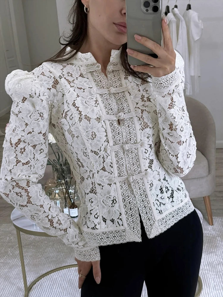 Women's Lace Printed Shirts Tops Spring New Full Sleeve Hollow Out Single Breasted Patchwork Blouse Lady Fashion Shrug Shirts