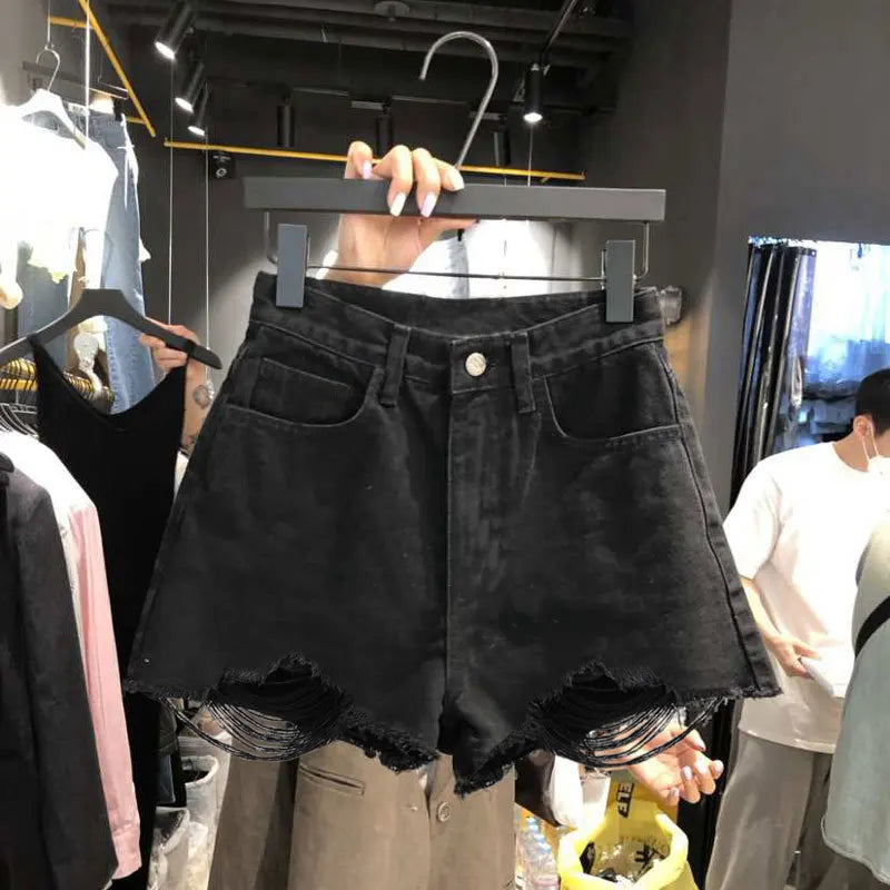 Wurry Denim Shorts for Women, Online Red, New Loose Korean Version, A-line, Hole-hot Pants for Summer