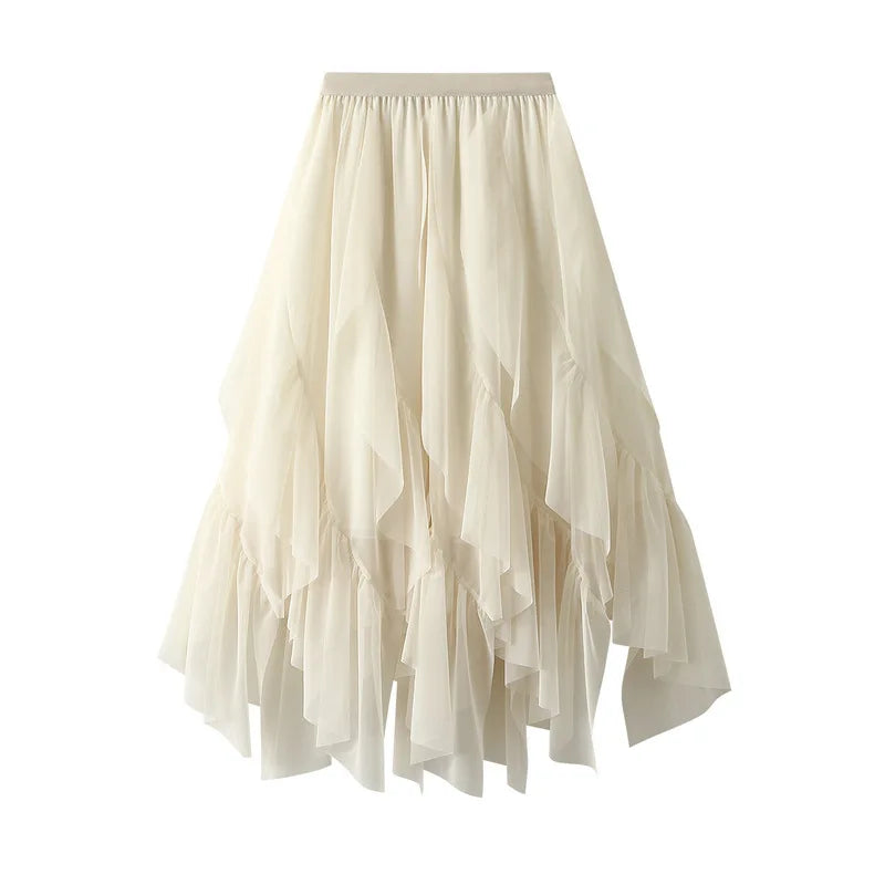 Women's Lotus Leaf Edge A Line Fairy Elastic Waist Tulle Skirt Midi High Waist Mesh Dress Solid Color Irregular Yarn Skirt D8808