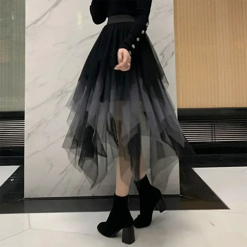 Summer Tutu Women Skirt Harajuku Casual Tulle Bottom Jupe Femme Faldas Fashion High Waist Midi Mesh Skirts Woman Clothing Saia