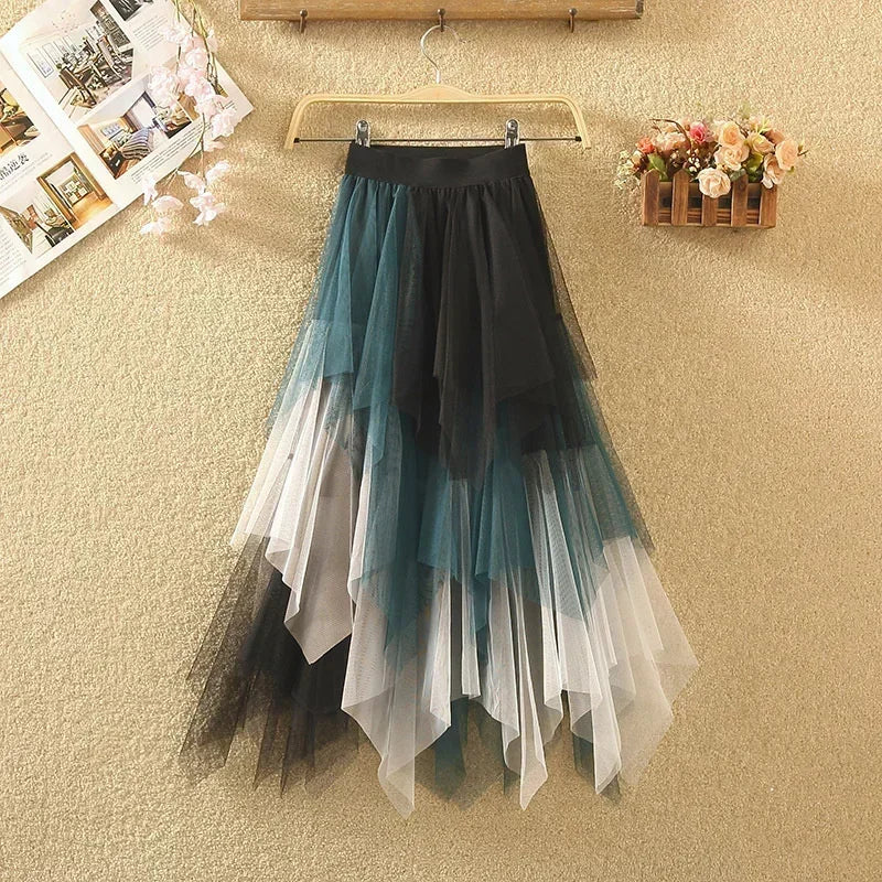 Summer Tutu Women Skirt Harajuku Casual Tulle Bottom Jupe Femme Faldas Fashion High Waist Midi Mesh Skirts Woman Clothing Saia