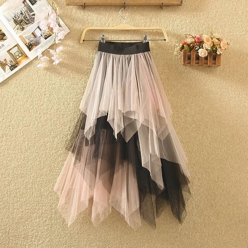 Summer Tutu Women Skirt Harajuku Casual Tulle Bottom Jupe Femme Faldas Fashion High Waist Midi Mesh Skirts Woman Clothing Saia