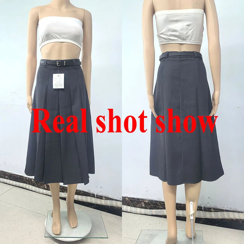 Lucyever All-Match Pleated Skirts Women Autumn Winter High Waist A-Line Folds Skirts Female Korean Fashion with Belt Midi Skirts