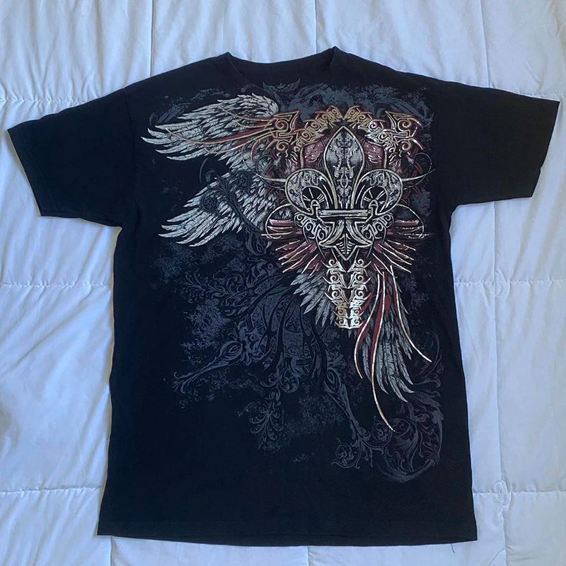 2000s Aesthetic Mall Goth E-girl Gothic T-shirt Retro Y2K Grunge Skull Wing Crop Tops Indie Graphic Print Short Sleeve Tee Women