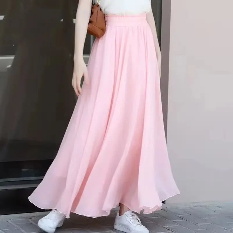 Women Summer Chiffon Dance Skirts Plus Size Full-Length Skirt High Waist Elegant Pink Black Red Royal Blue White Long Skirts