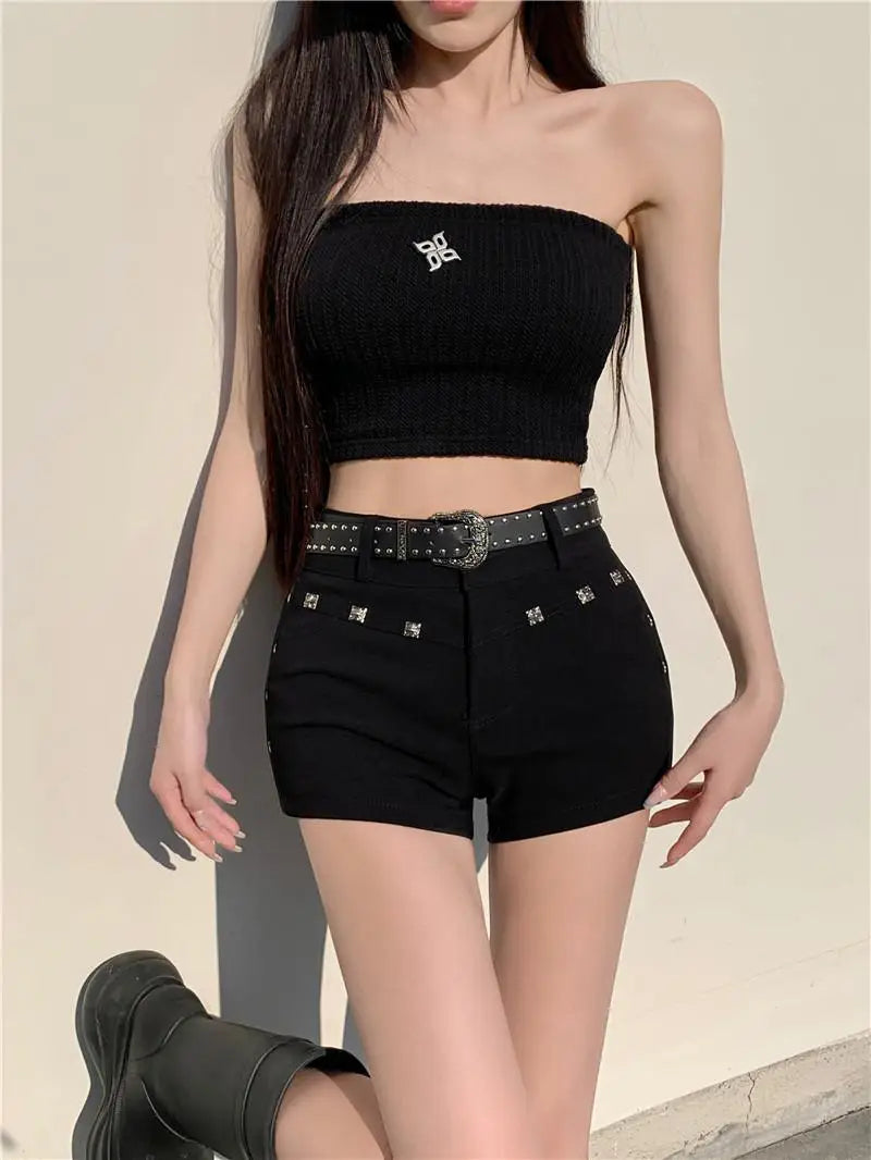 Sexy Black Studded Denim Shorts Women 2025 Y2K High Waist Hot Pants, Bad Girl Summer White Jean Shorts for Petite Girls S-2XL