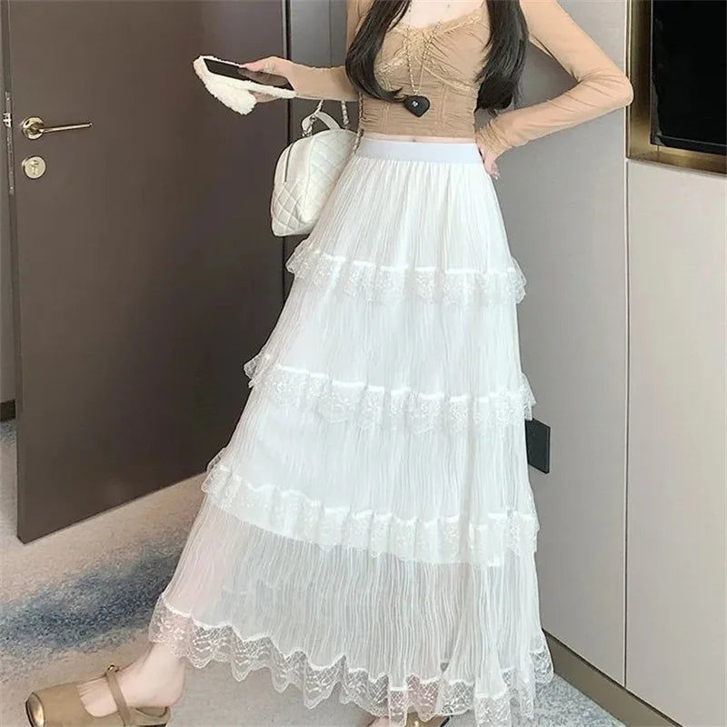 Spring Summer Women Chiffon Skirts Vintage High Waist Elastic Patchwork White Black Chic Long Cake A-line Skirt for Student