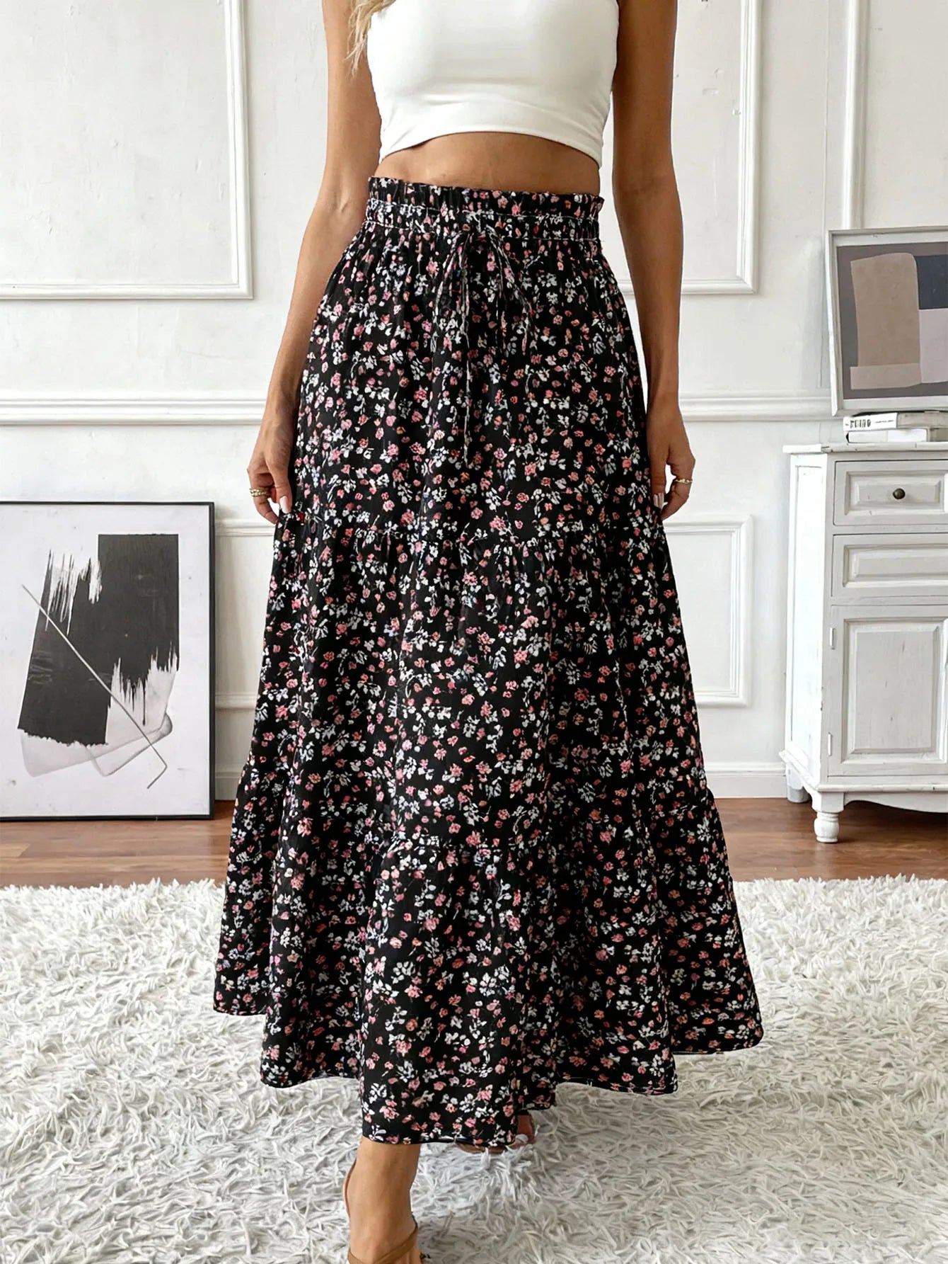 Women's Elastic High Waist Floral Midi Skirt,Vintage Chiffon Flared Long Skirt for Daily Casual Commute Vacation