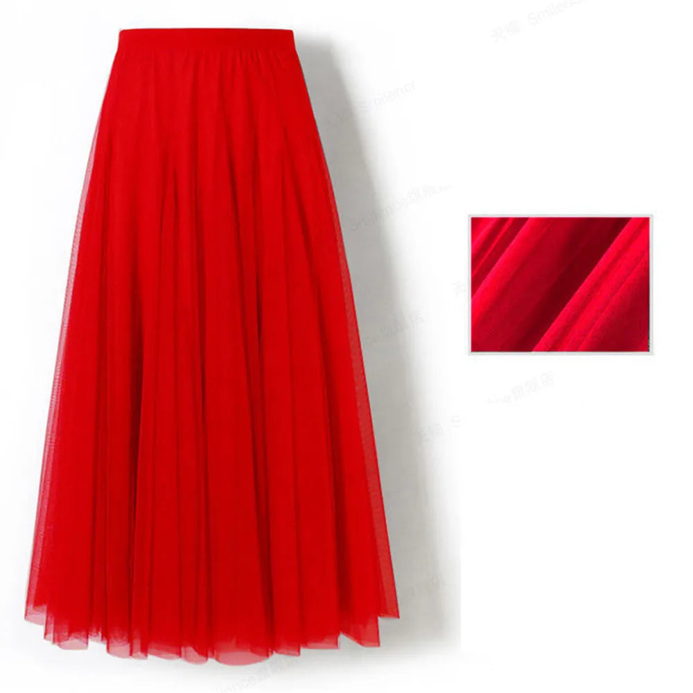 New Women Mesh Elastic Tutu Skirt Beach Spring Summer Korean High Waist Fashion Pleated Long Skirt Black White Tulle Skirts