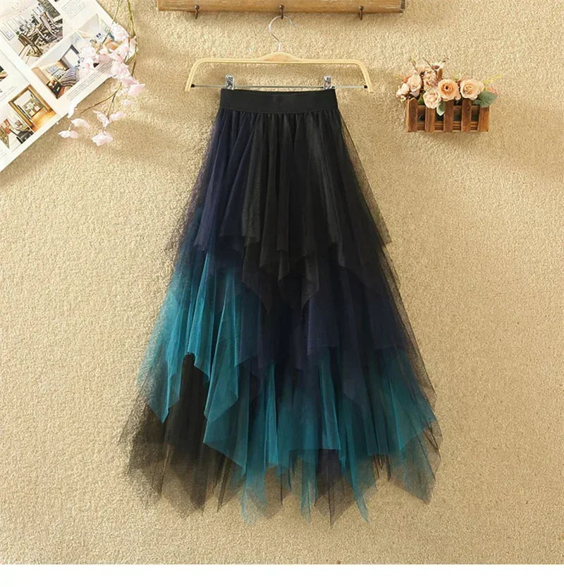 Summer Tutu Women Skirt Harajuku Casual Tulle Bottom Jupe Femme Faldas Fashion High Waist Midi Mesh Skirts Woman Clothing Saia