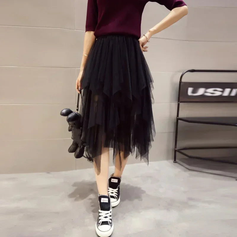 Summer Tutu Women Skirt Harajuku Casual Tulle Bottom Jupe Femme Faldas Fashion High Waist Midi Mesh Skirts Woman Clothing Saia