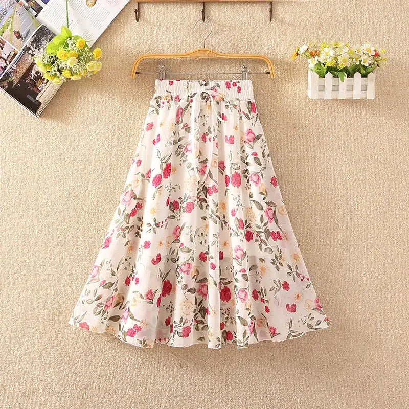 Women's Floral Skirt High Waist Long 2024 Printed Chiffon Skirt Summer Woman Skirts Mujer Faldas Saias Mulher