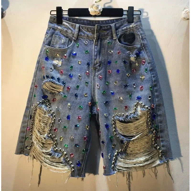 2025 Summer Short Pants High Waist Jeans Hole Shorts Women Stretch Distressed Washed Diamonds Streetwear Straight Denims
