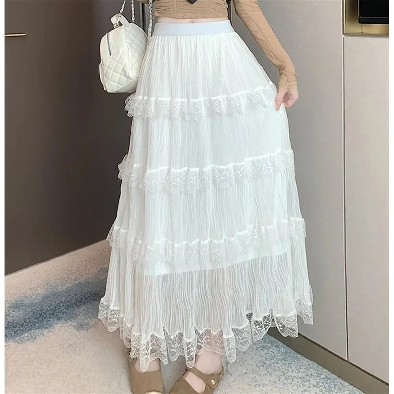 Spring Summer Women Chiffon Skirts Vintage High Waist Elastic Patchwork White Black Chic Long Cake A-line Skirt for Student