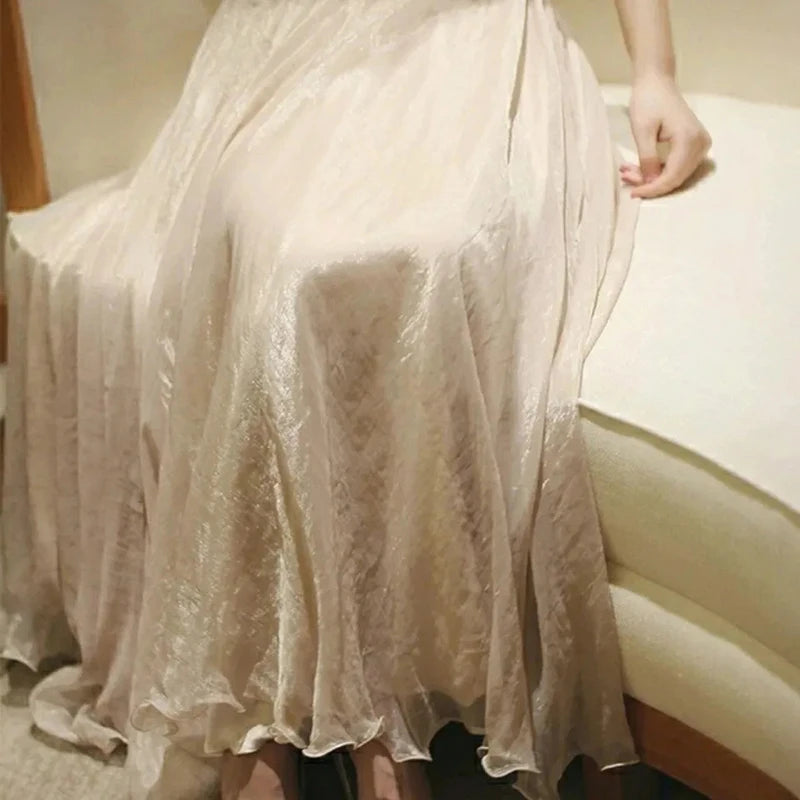 Chiffon Lightweight Long Skirt Women Beach Vacation Ruffles Elegant Party Skirt High Waist Loose Mesh Sweet Lady Ball Gown