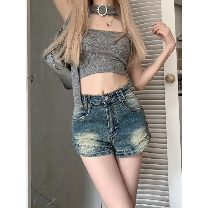 Retro Washed Denim Shorts for Women High Waist Slimming Hot Pants Mini Skirt Y2K Style Summer Fashion Small Stature Sexy Look