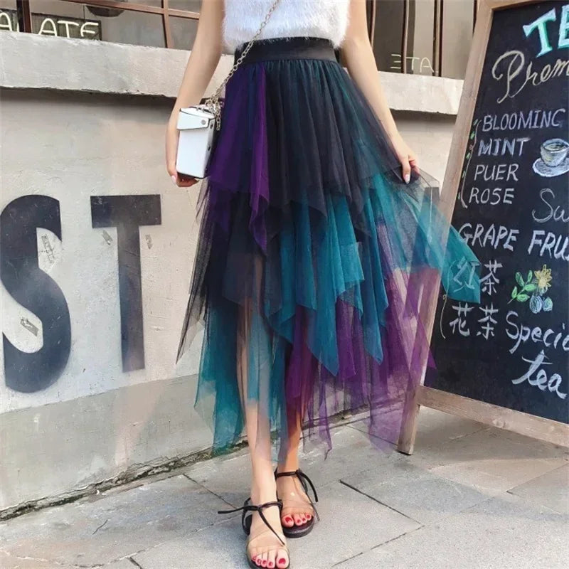Summer Tutu Women Skirt Harajuku Casual Tulle Bottom Jupe Femme Faldas Fashion High Waist Midi Mesh Skirts Woman Clothing Saia