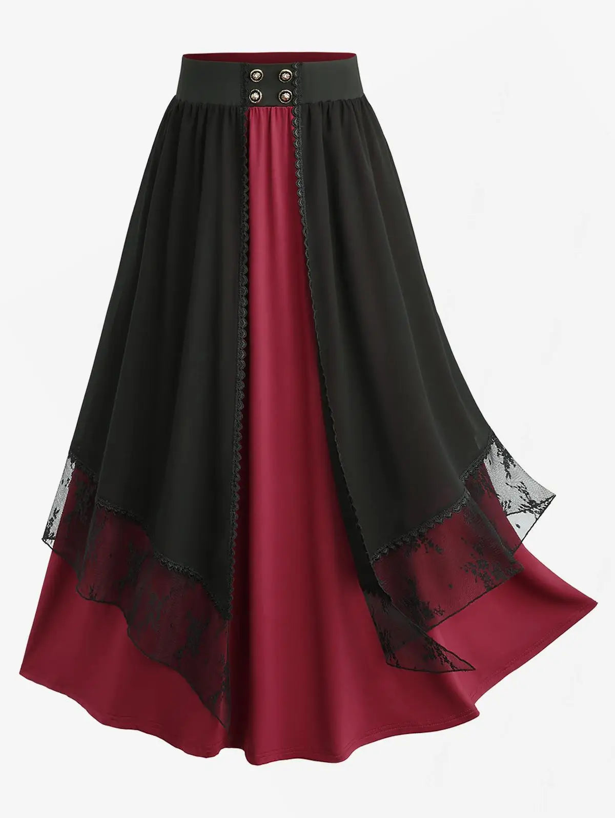 ROSEGAL Plus Size Women's Skirts Deep Red Lace Chiffon Layered Skirt Or Halloween Vampire Costume Gothic Lace Up Two Tone Skirt