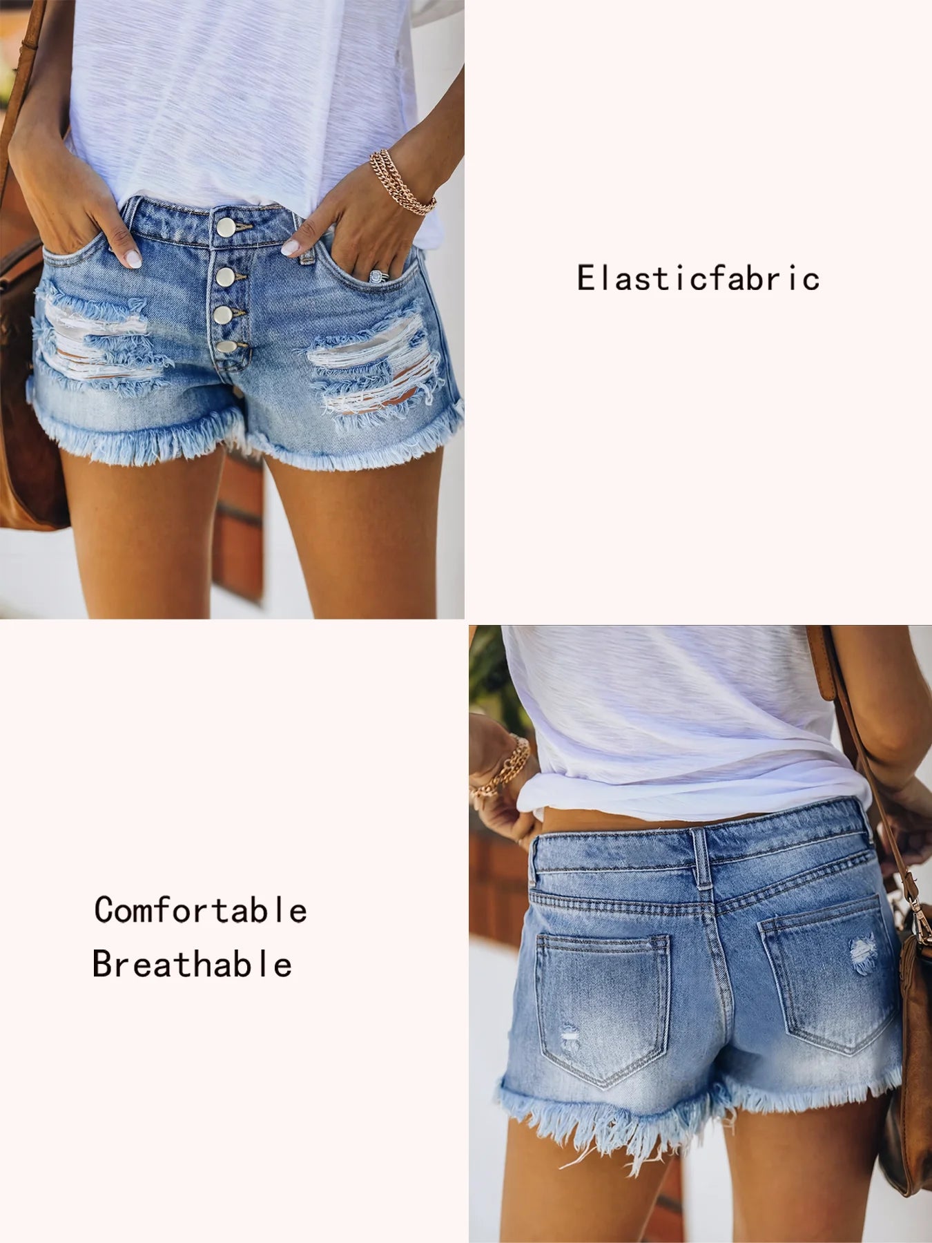 Summer New Women High Waist Blue Denim Shorts Button Front Faded Light Blue Elegant Short Jeans Suitable for Office Casual Dates