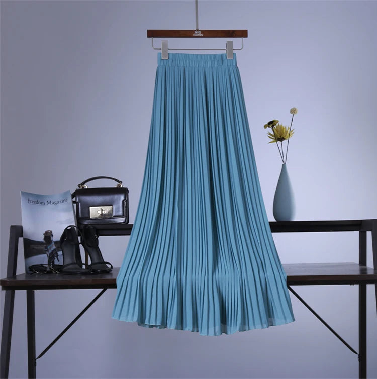 2021 High Quality Women Summer Skirt High Waist Vintage Women Pleated Skirt Saias Femme Boho White Long Chiffon Skirt Streetwear