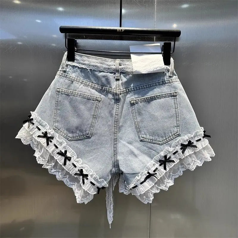 Summer Sweet Lace Denim Shorts for Women Bow Ruffles Patchwork A-line Short Jeans Korean Trend Fashion Female Wide Leg Shorts