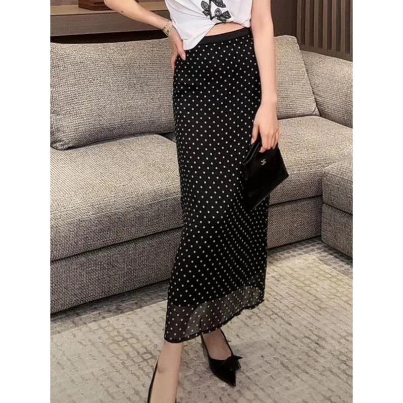 Women's Clothing 2025 Summer Fashion Polka Dot Print High Waist Long Skirts Office Lady Elegant Commuting Slim Party Maxi Skirt