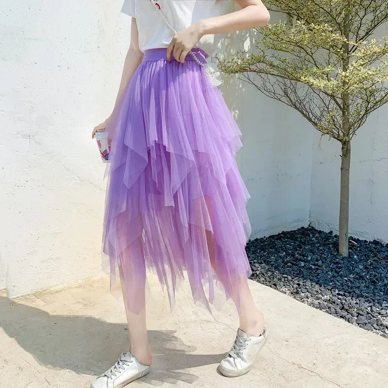 Summer Tutu Women Skirt Harajuku Casual Tulle Bottom Jupe Femme Faldas Fashion High Waist Midi Mesh Skirts Woman Clothing Saia