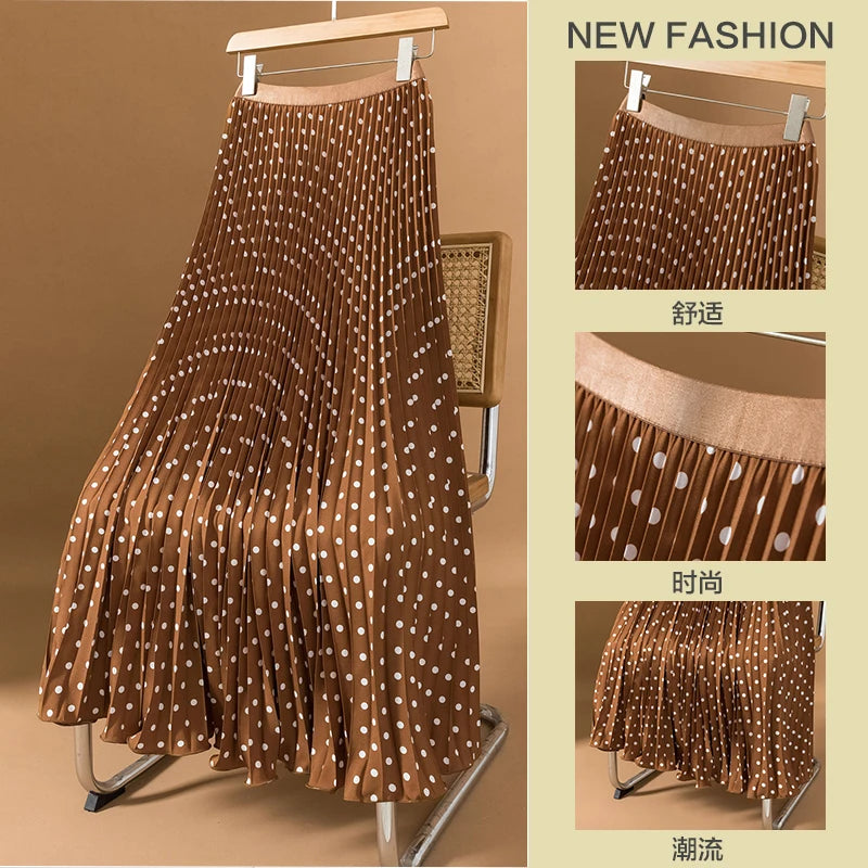 Polka Dot Pleated Long Skirt Women Fashion Elastic High Waisted Slim Dance Beach Skirt 2025 New Spring Summer Aautumn